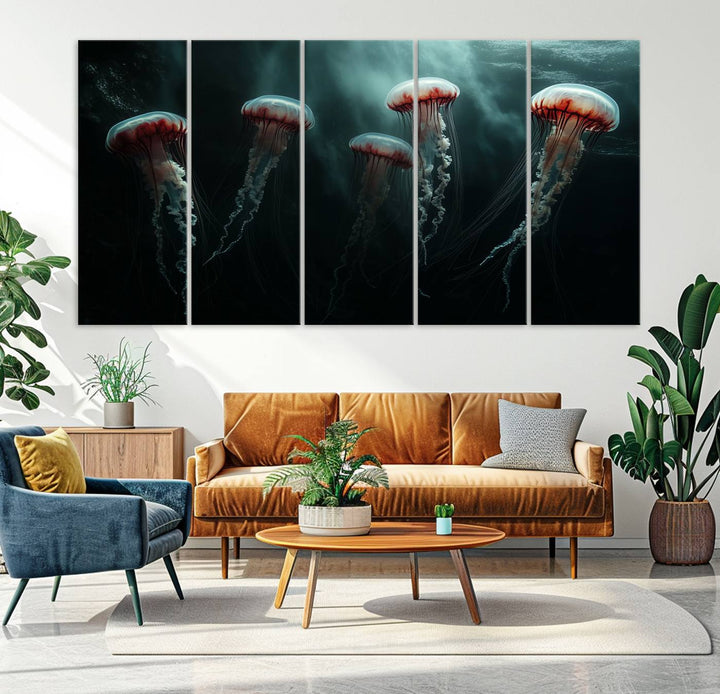 The Abstract Jellyfish Wall Art Canvas Print, framed in the USA and showcased on museum-quality canvas with high-resolution printing, adds a decorative touch to the space.