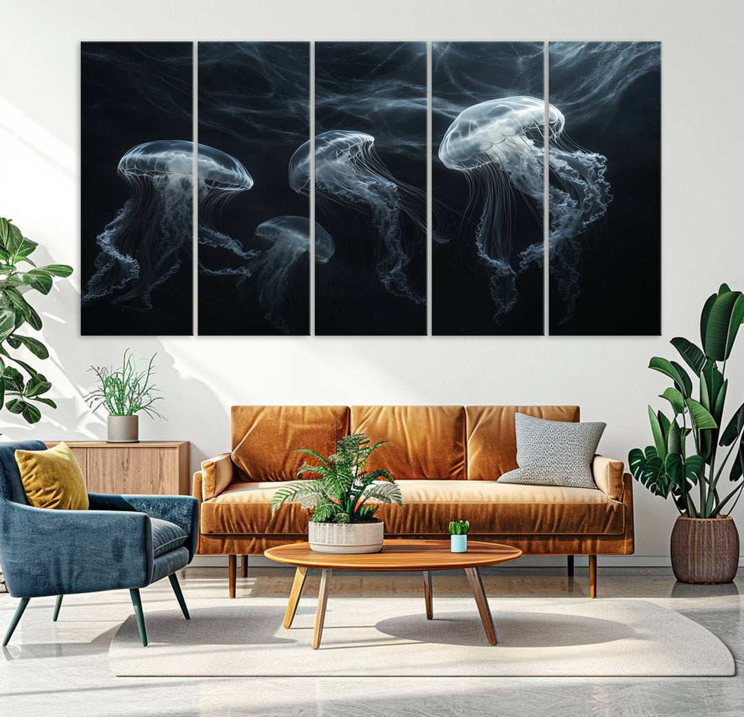 The Jellyfish Wall Art Canvas Print features glowing jellyfish in vibrant colors on museum-quality canvas.