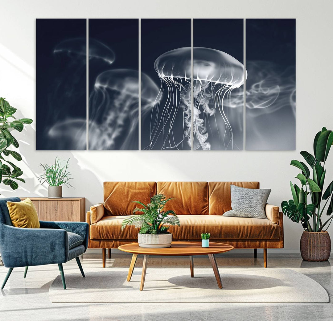 A stunning Jellyfish Wall Art Canvas Print showcases museum-quality canvas through high-resolution printing.