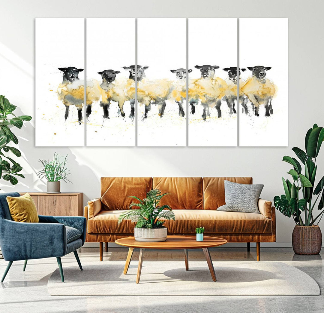 The Farmhouse Wall Art Sheep Print, ready to hang as a framed canvas, adorns the black wall, adding a hint of rustic barn decor.