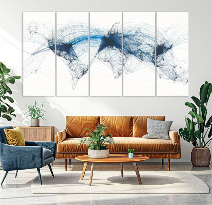 The Aviation Flight Map Wall Art is a set of three abstract panels featuring a world map with blue lines, resembling a flight map. Ideal for aviation enthusiasts, this ready-to-hang framed air traffic art print enhances the appeal of modern decor.