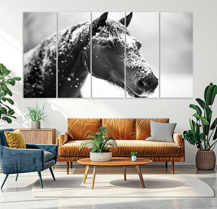 A set of Winter Horse Snow Wall Art Canvas Prints hangs, creating the perfect touch of Rustic Cabin Decor.