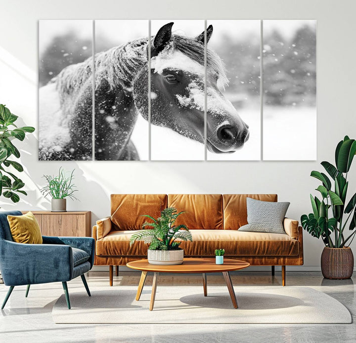 The Black Horse Winter Wall Art, framed and ready to hang, is beautifully displayed as farmhouse and western wall decor.