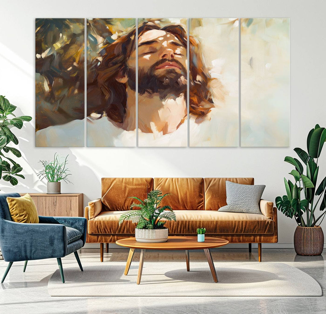 The Jesus Portrait Wall Art Canvas Print features a depiction of Jesus Christ with closed eyes, basking in sunlight. His expression exudes a peaceful, spiritual atmosphere against a blurred background.