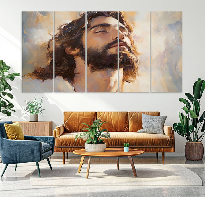 This museum-quality canvas print, titled "Jesus Portrait," features an oil painting style depiction of Jesus Christ with a closed-eyed expression. The high-resolution printing captures every detail beautifully.