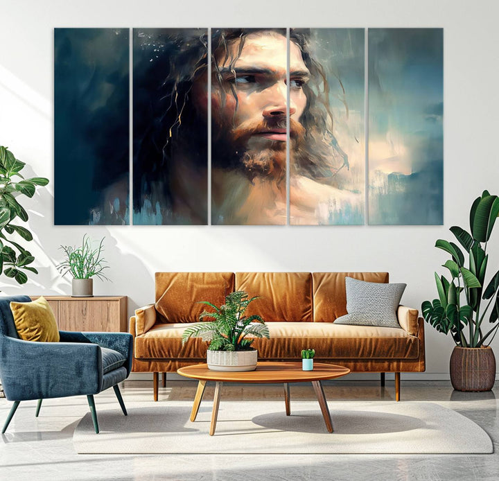 The Jesus Portrait Wall Art Canvas Print, featuring a depiction of a man with long hair and a beard, is showcased on a wooden wall. This Christian Wall Art is rendered on museum-quality canvas, highlighting the mastery of high-resolution printing in an oil painting style.