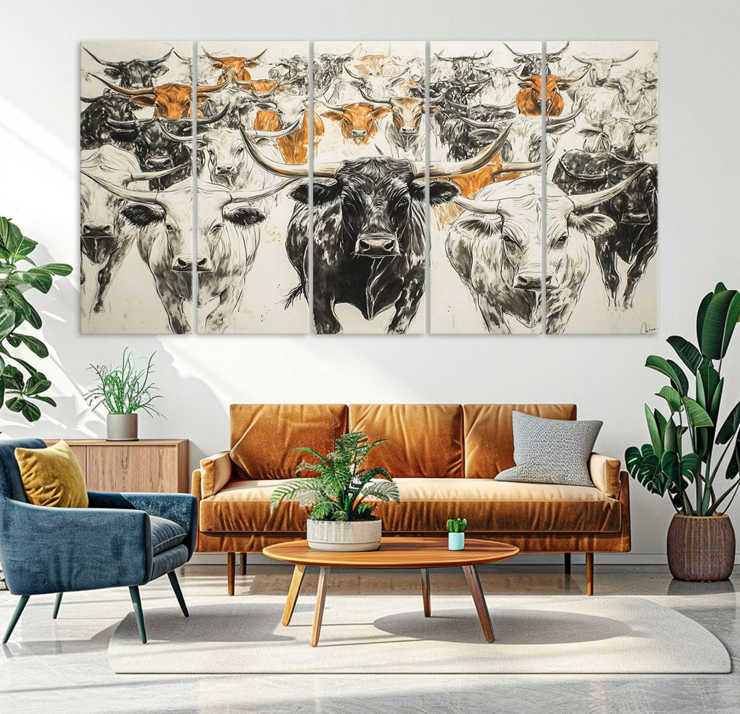 This exquisite farmhouse wall art, titled "Western Longhorn Cattle Canvas Print," showcases a majestic herd of longhorn cattle in a three-panel design. This ready-to-hang and framed barn decor infuses your space with rustic charm.