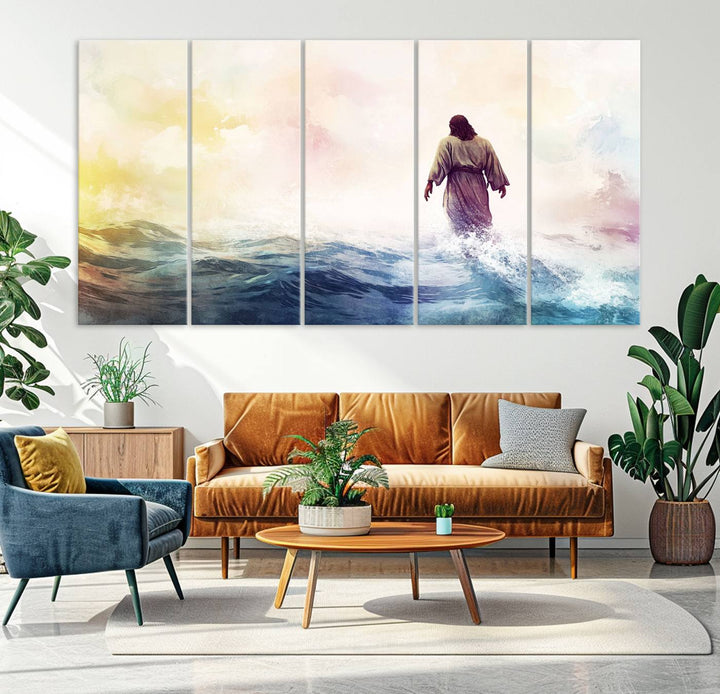 Watercolor Jesus Walking on Water Canvas Print, Christian Wall Art, Jesus Christ Walking