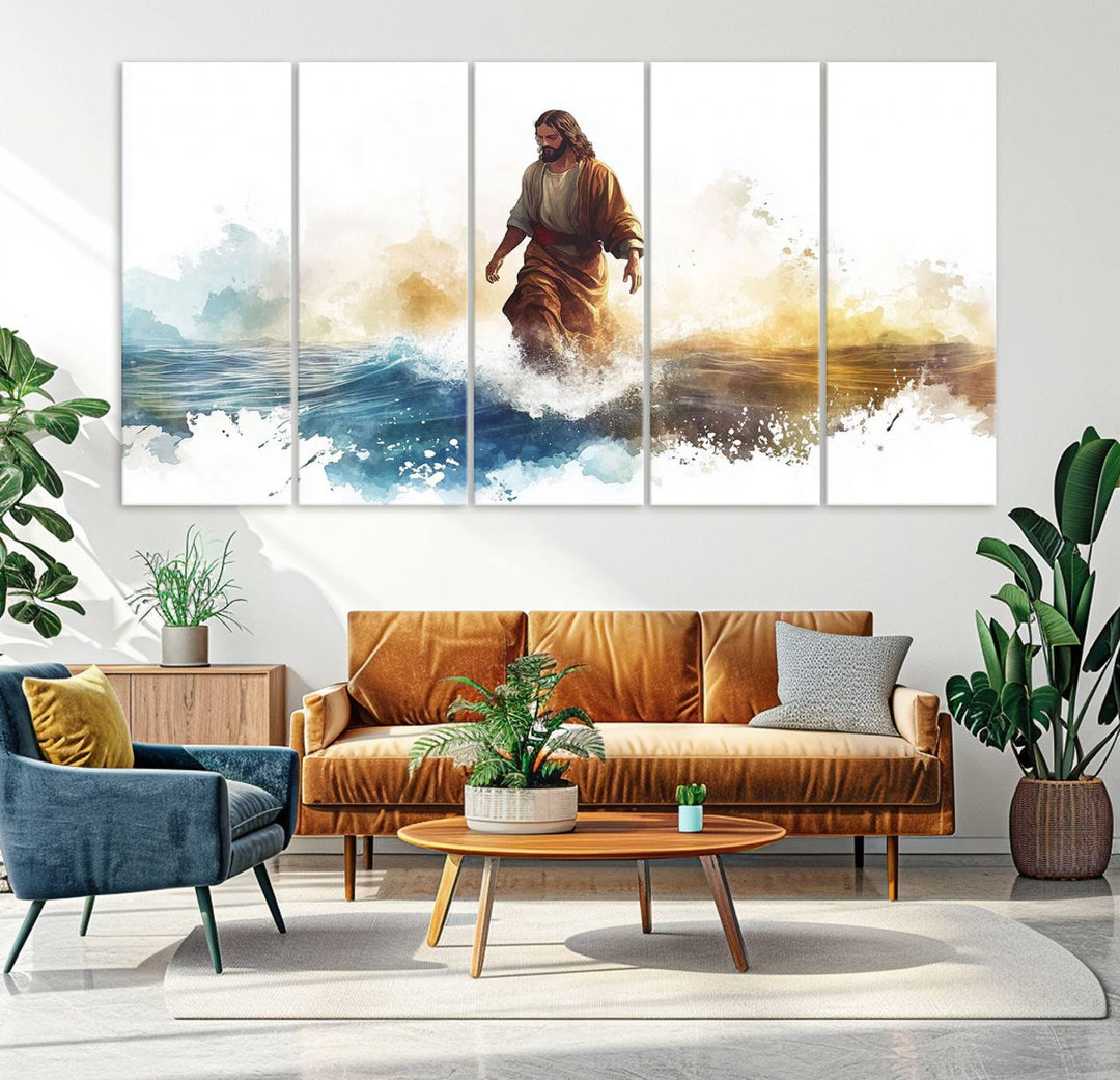 Watercolor Jesus Walking on Water Canvas Print, Christian Wall Art, Jesus Christ Walking