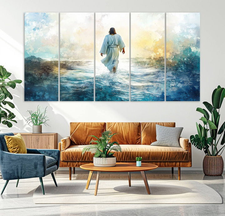 Watercolor Jesus Walking on Water Canvas Print, Christian Wall Art, Jesus Christ Walking