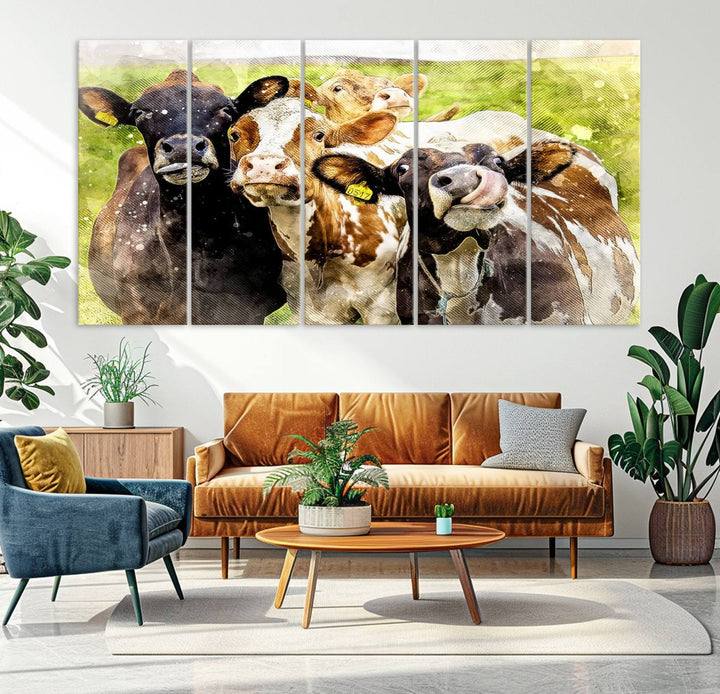 A charming triptych featuring the "Curious Cows Farmhouse Wall Art," a ready-to-hang and framed canvas print, adds a touch of rustic farm decor to the space.