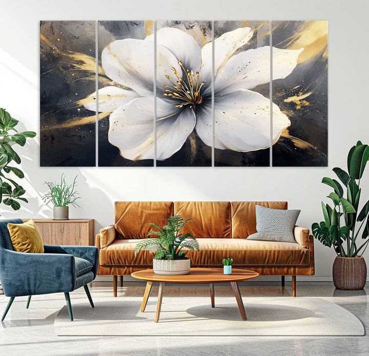 White Flower Wall Art | Canvas Print | Ready to Hang | Abstract Floral Wall Decor | Elegant Bloom Artwork | Framed for Living Room or Bedroom