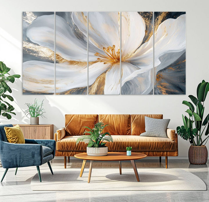 White and Gold Floral Canvas Wall Art - Framed and Ready to Hang - Perfect for Modern Living Rooms