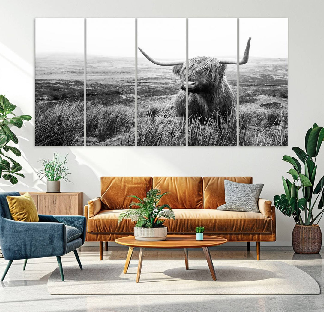 Scottish Highland Cow Wall Art | Black and White Canvas Print | Ready to Hang and Framed | Rustic Farmhouse Wall Decor for Living Room or Office