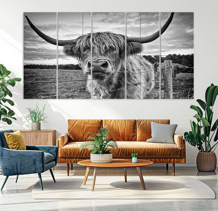 Scottish Highland Cow Wall Art Canvas Print | Ready to Hang and Framed | Rustic Farmhouse Decor