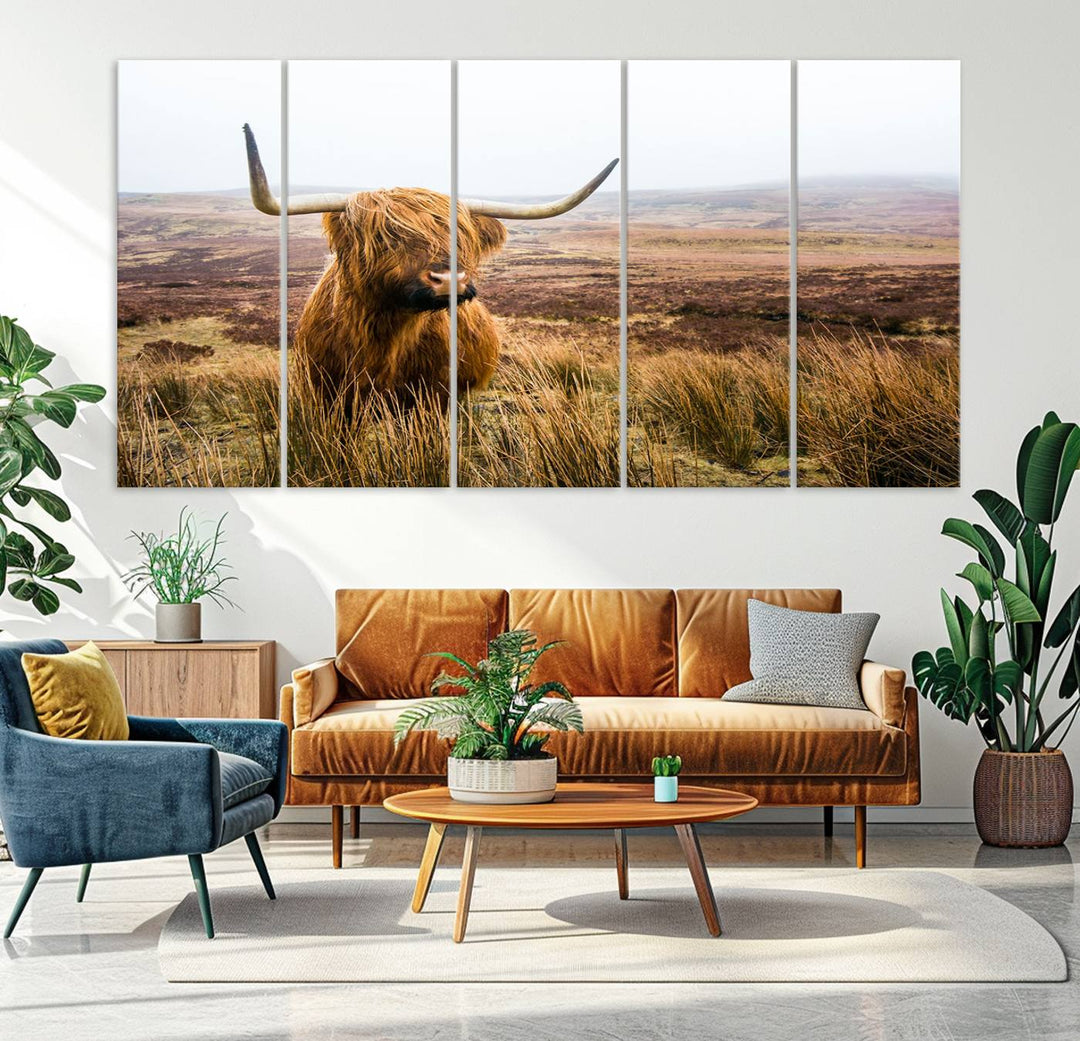 Scottish Highland Cow Wall Art Canvas Print | Ready to Hang and Framed | Rustic Farmhouse Decor for Living Room or Cabin