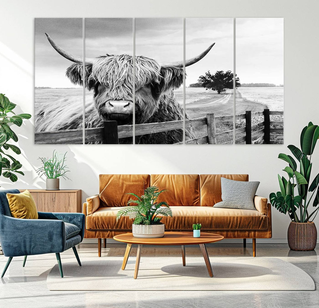 Scottish Highland Cow Wall Art | Rustic Farmhouse Décor | Black and White Ready to Hang Canvas Print