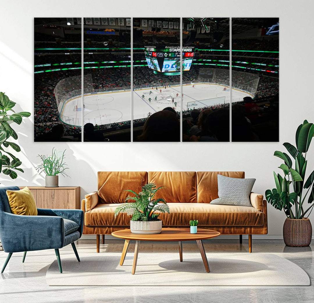 The Dallas Stars Wall Art Canvas Print is as clear as the scoreboard stats at a hockey game in a large arena with bright lights.