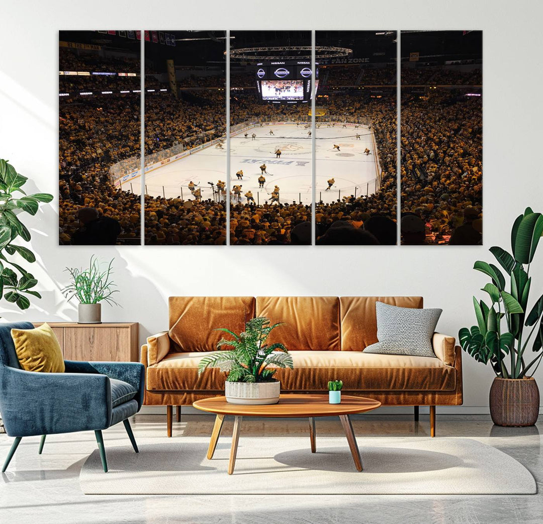 A captivating triptych canvas print, titled "Bridgestone Arena - Nashville Predators Hockey Team Print," adorns the wall. This Nashville wall art canvas print is perfect for Predators fans who appreciate sports-themed decor.