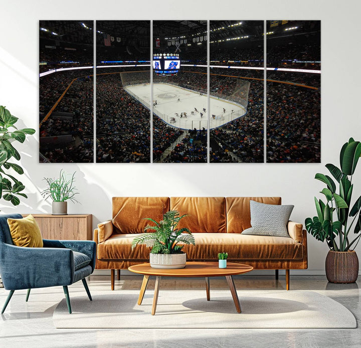 The nautical-themed room is enhanced by the KeyBank Center New York Buffalo Sabres Hockey Stadium Wall Art Canvas Print, a three-panel depiction of a bustling hockey arena with a gallery-quality finish. This canvas artwork, handmade in the USA, introduces an element of sporting elegance to your decor.