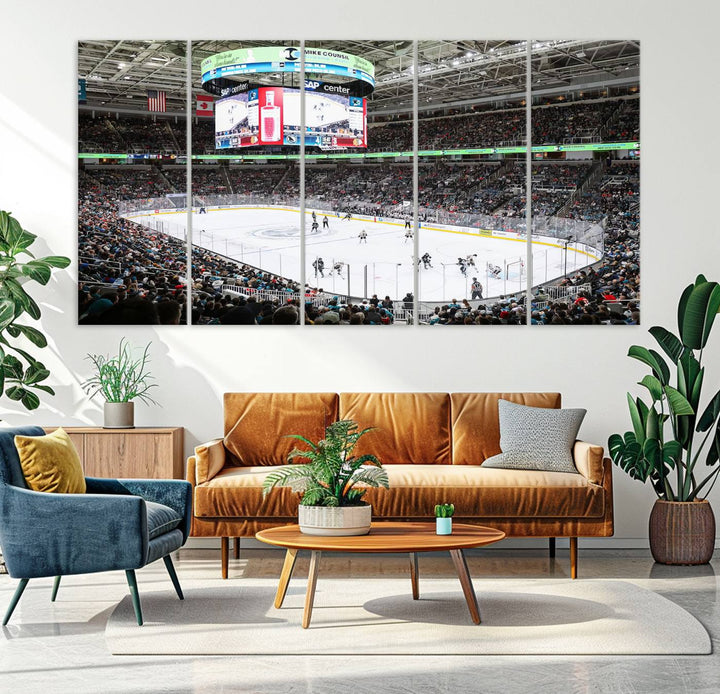 A packed ice hockey arena buzzes with energy as players glide on the ice and a large screen displays scores. The indoor decor features Sharks Arena Blackhawks Sharks Ice Hockey Stadium Wall Art Canvas Prints, creating an unexpected yet charming sporting atmosphere reminiscent of a gallery.