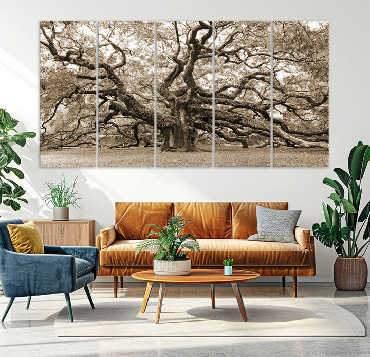 Displayed on the wall is a Sepia-framed Angel Oak Tree 3-panel canvas.