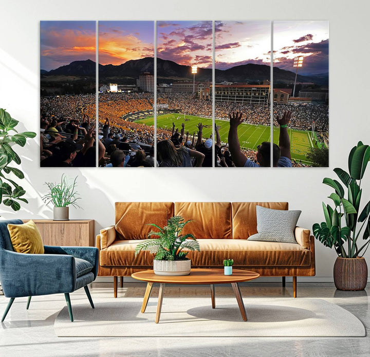 The Folsom Field Stadium Print beautifully captures the Colorado Buffaloes stadium at sunset, set against a stunning mountain backdrop.