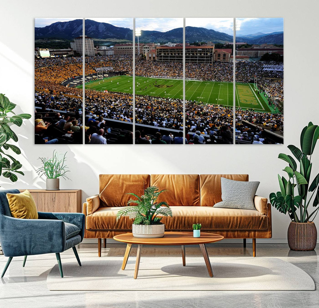 A canvas print captures the Colorado Buffaloes at Folsom Field, framed by mountains in the background.