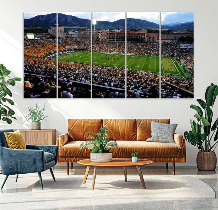 A canvas print captures the Colorado Buffaloes at Folsom Field, framed by mountains in the background.