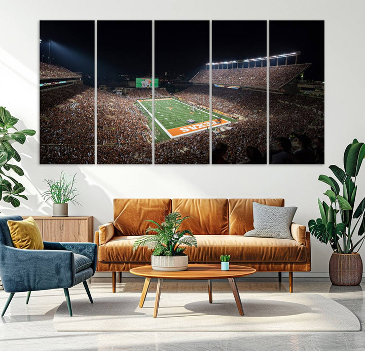A football game at a packed stadium is captured on the University of Texas Longhorns Stadium Canvas Print.