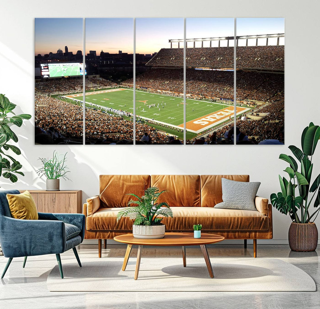 The Evening Game canvas art captures a glowing sunset and skyline at Texas Longhorns Darrell K Royal Stadium.