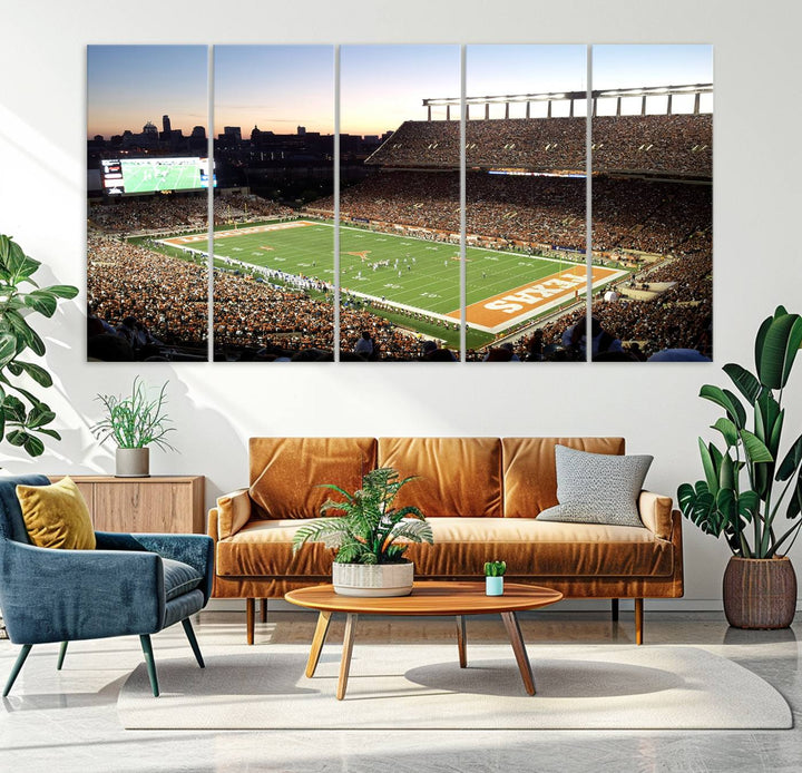 The Evening Game canvas art captures a glowing sunset and skyline at Texas Longhorns Darrell K Royal Stadium.
