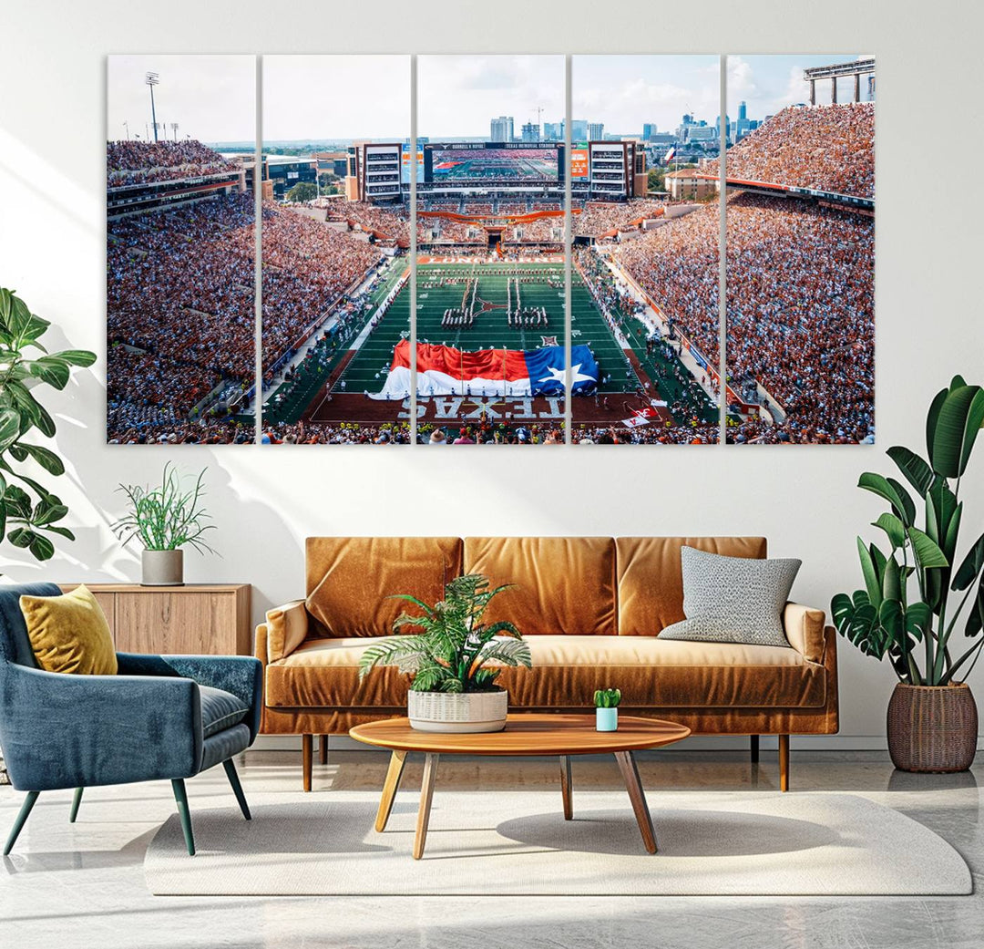 University of Texas Longhorns canvas: A premium print depicting Darrell K Royal-Texas Memorial Stadium with the city skyline and Texas flag.