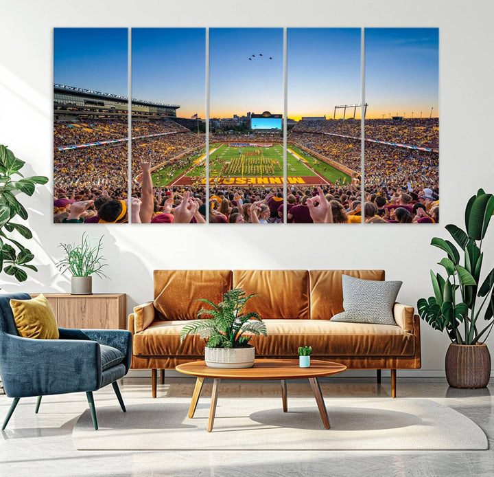 Canvas wall art featuring the University of Minnesota Football Team print, showcasing Huntington Bank Stadium at sunset with jets overhead.