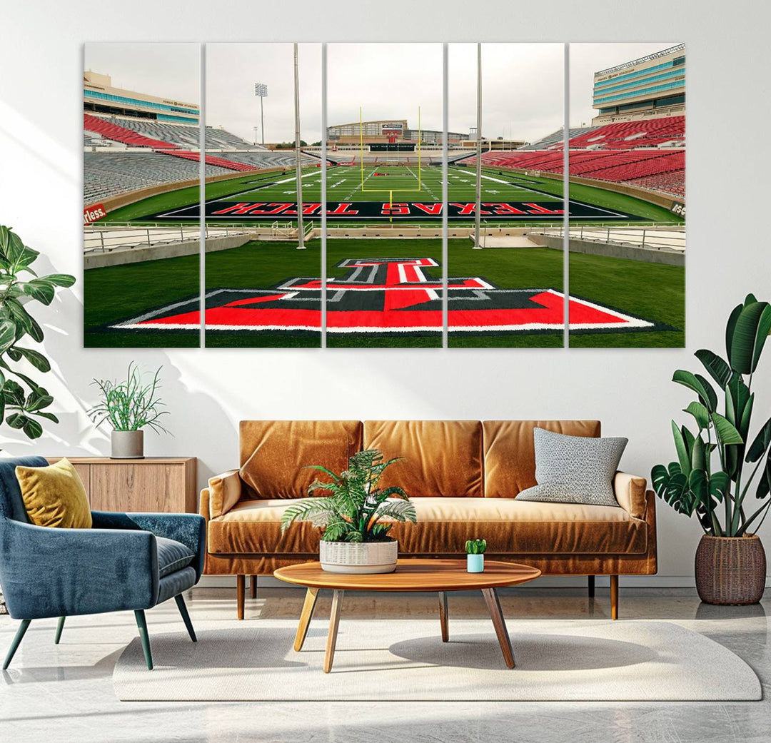 Gallery-quality print of Lubbock Jones AT&T Stadium featuring the Texas Tech Red Raiders field, highlighted by red and gray bleachers.