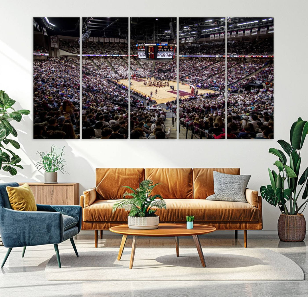 The Nebraska Basketball Arena Wall Art Canvas features an arena filled with Cornhuskers fans and players beneath a scoreboard.