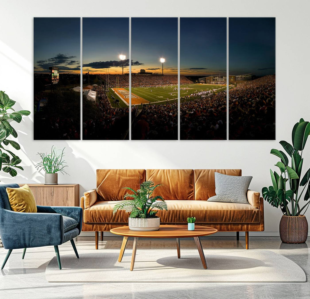 Ball State Cardinals Football Team Print - Muncie Scheumann Stadium Canvas featuring a sunset, floodlights, and lively crowd.