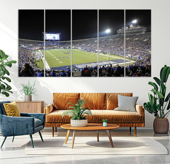 A vibrant depiction of Liberty Stadium at night, highlighting a Tigers football game on the large screen with stands filled with enthusiastic fans.