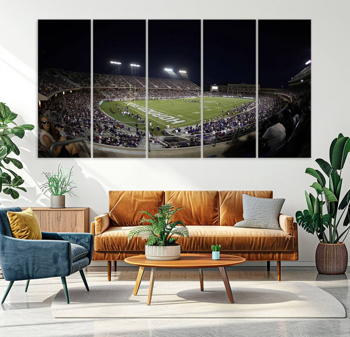 The wall art print features a night view of Amon G. Carter Stadium filled with TCU fans, showcased in the Horned Frogs Football Canvas Wall Art.