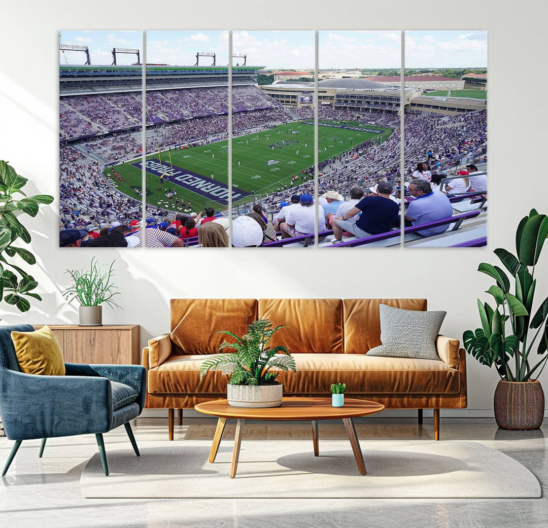 Amon G. Carter Stadium wall art canvas showcasing the TCU Horned Frogs and packed stands at Fort Worth.