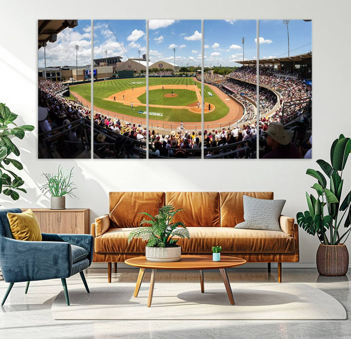 A baseball stadium under a blue sky, capturing the energy of The Texas A&M Aggies Athletics Kyle Field Wall Art.