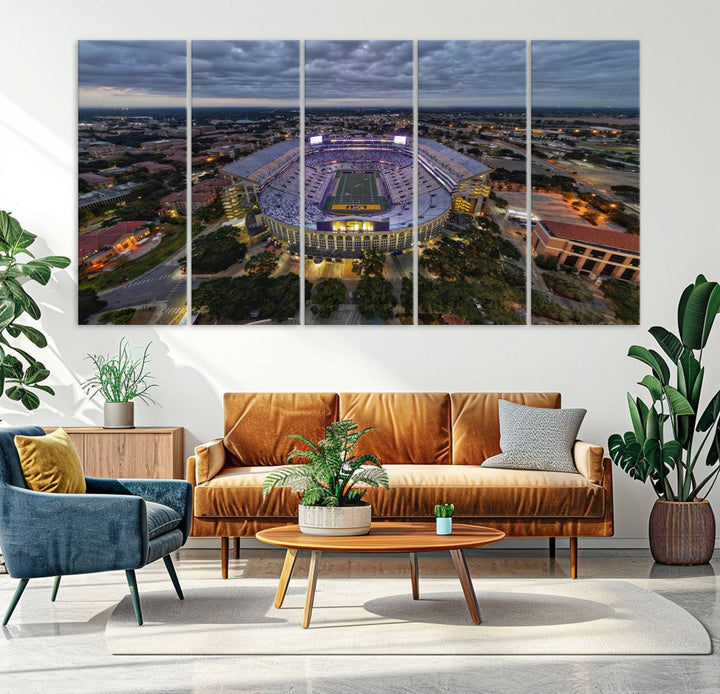 The LSU Tigers Football Team Baton Rouge Tiger Stadium Canvas is displayed prominently, capturing attention with its vivid depiction of the iconic stadium.