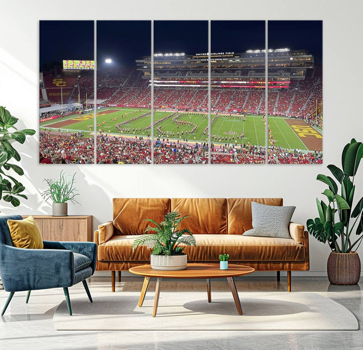 Canvas print depicting a packed stadium at night with a marching band forming USC, celebrating the Trojans at Los Angeles Memorial Coliseum.