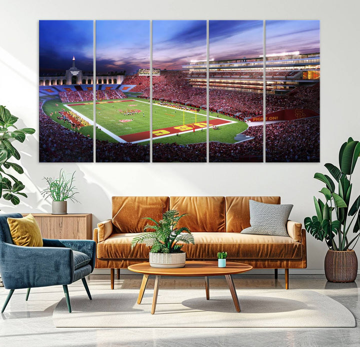 A vibrant painting of fans cheering for The University of Southern California USC Trojans under bright stadium lights.