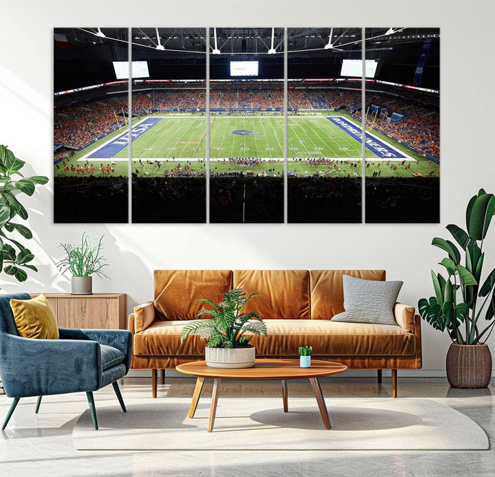 The UTSA Roadrunners game at Alamodome canvas print captures the scene from above, displaying fans and the UTSA lettering on the field.