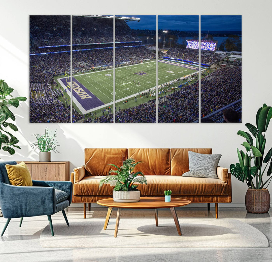 The University of Washington Huskies Football Team Print: Seattle Husky Stadium Wall Art Canvas captures a dusk stadium view.