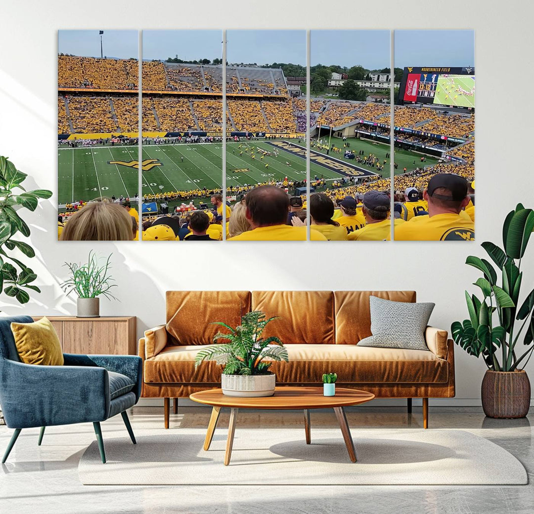 A Puskar Stadium canvas print decorates the modern living room shelf.