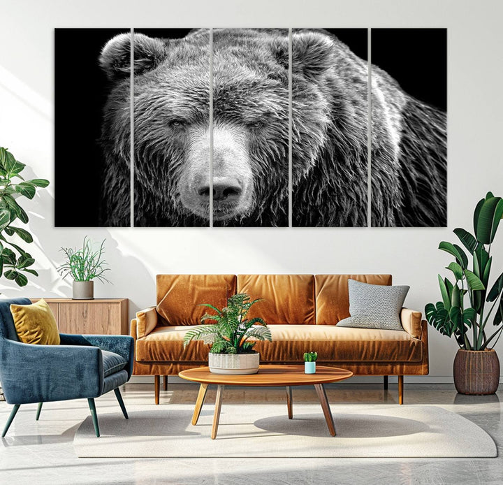 The 399 Grizzly Bear Canvas Print is displayed prominently on a wall in a modern living room.