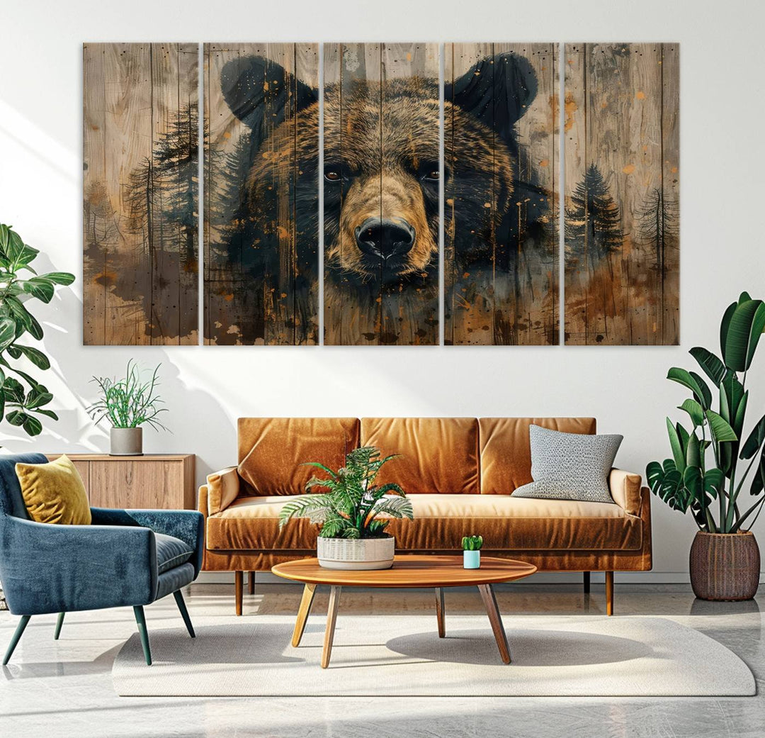 The Abstract 399 Bear Wall Art, featuring a rustic cabin theme with forest design, is framed and ready to hang. It's ideal for lodge, cabin, and barn decor and perfectly complements the nature lover's aesthetic.