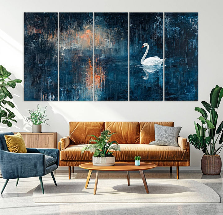 Abstract Swan Wall Art | Moody Blue and Orange Swan Painting on Canvas | Framed and Ready to Hang | Elegant and Modern Art for Living Room or Bedroom Decor